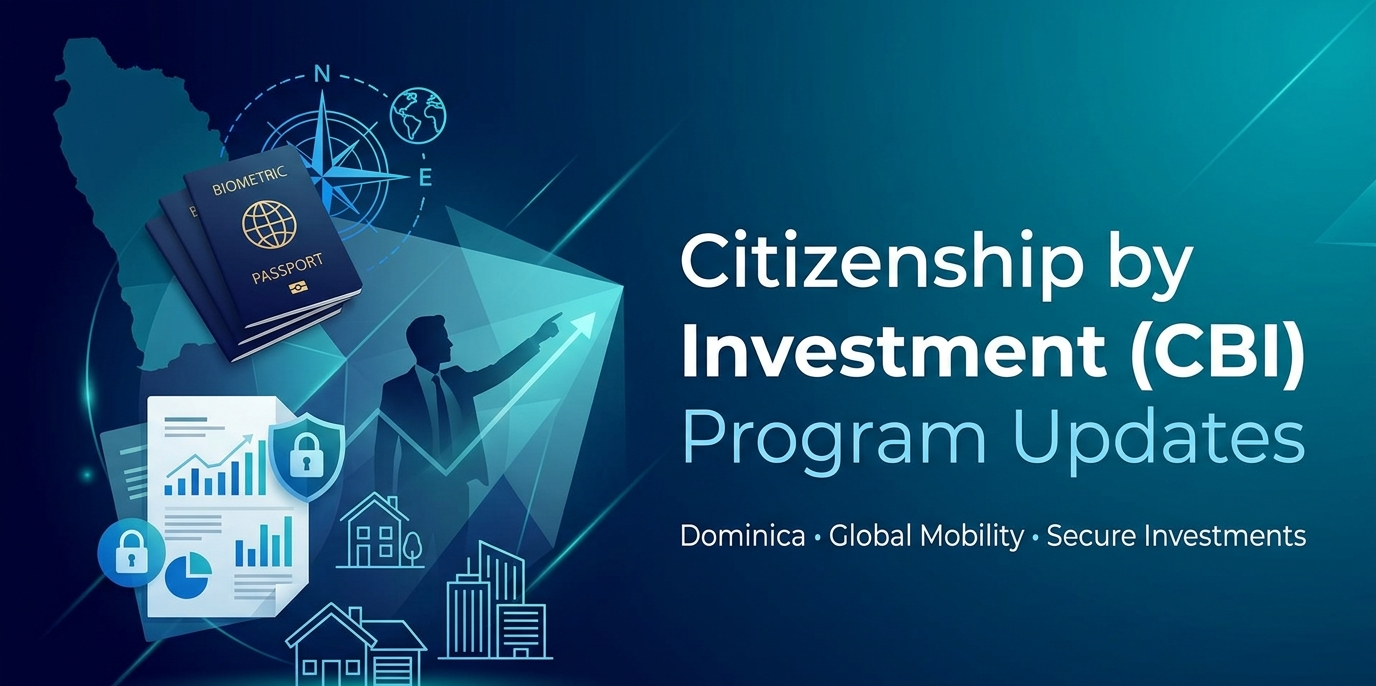 Professional banner illustrating Dominica Citizenship by Investment (CBI) program updates, real estate, and financial compliance